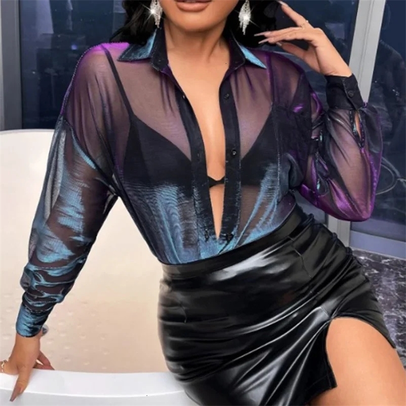 Fashionable Laser Holographic ColorChanging Silk Shirt Long Sleeves Loose Fit Elegant n Womens Blouse With Button 250617