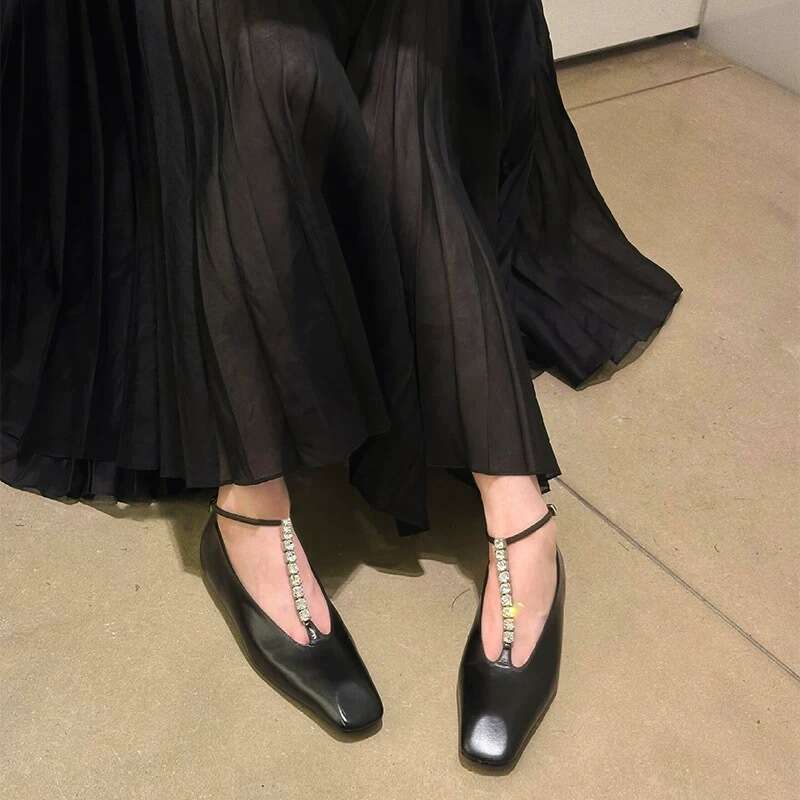 Genuine Leather French Style High-End Rhinestone T-Strap Square Toe Shallow Mouth Flat Mary Jane Shoes for Women Spring and Autumn