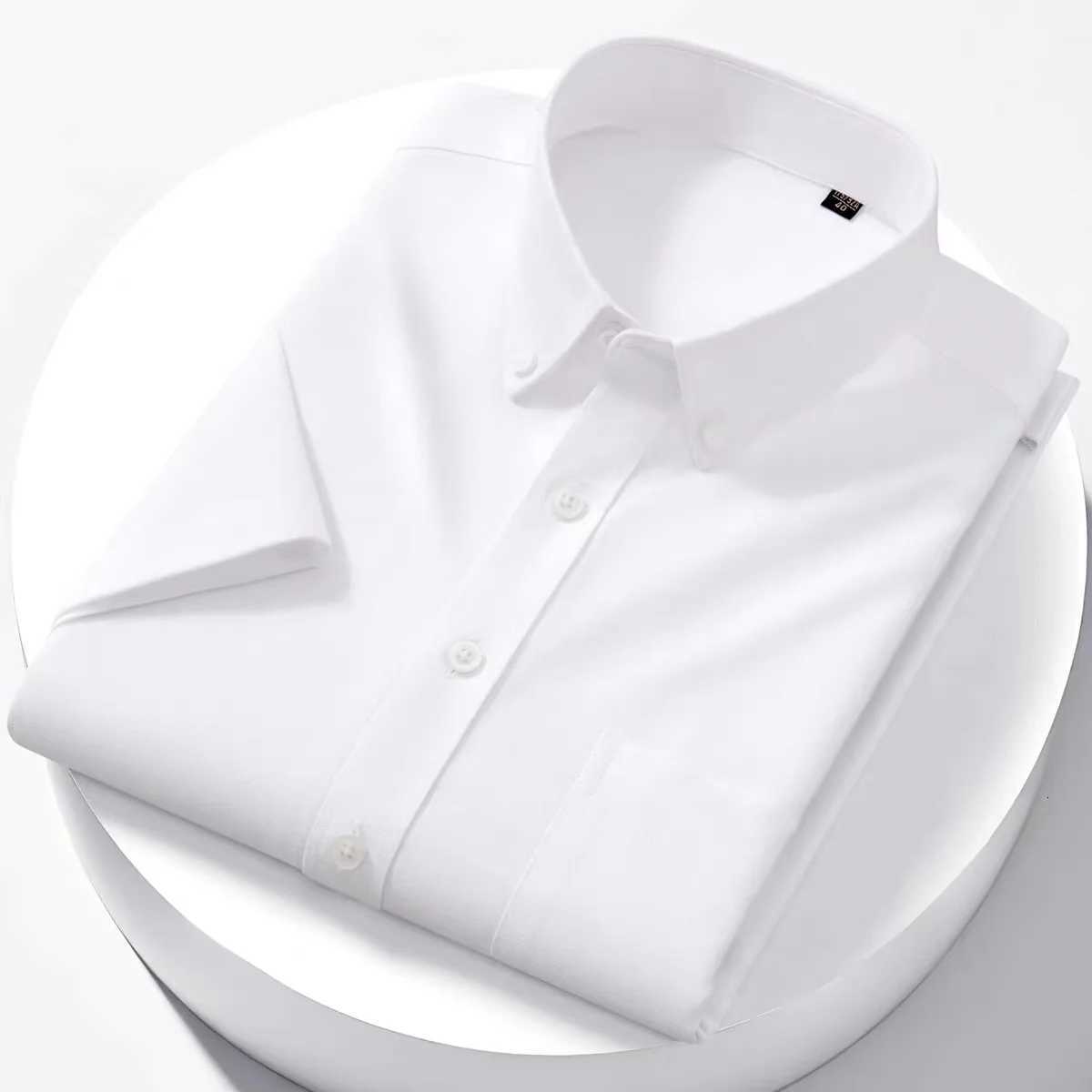 Luxury Mens Oxford Shirt 100 Cotton Short Sleeve Causal Stripe Solid Summer Basic Business Formal Social White Slim Fit Blouse27 D250929