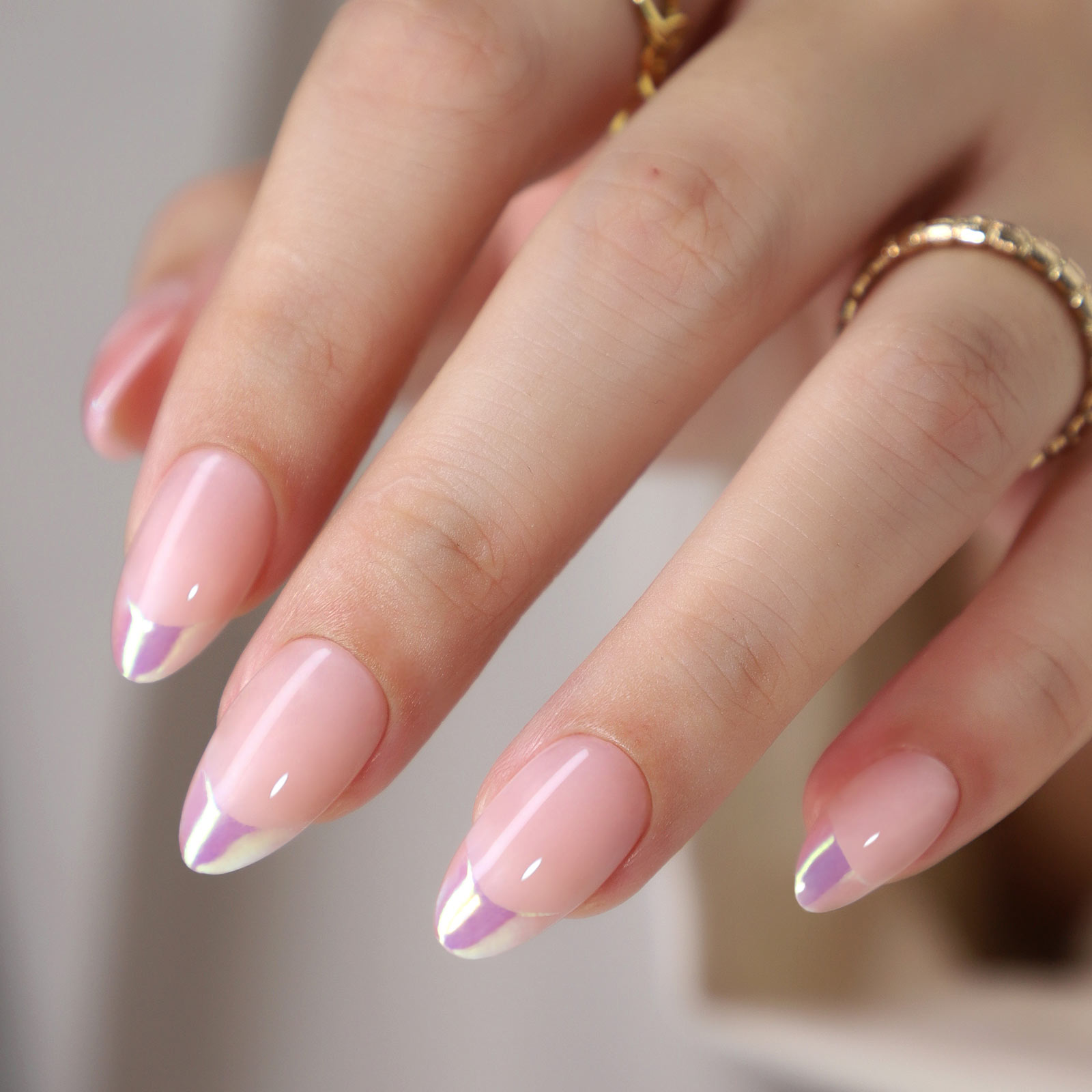 french tip nails 3D aurora Aurora purple shiny French edge mid length almond shaped Press On Nails, Convenient To Wear, fashionable and unique, suitab