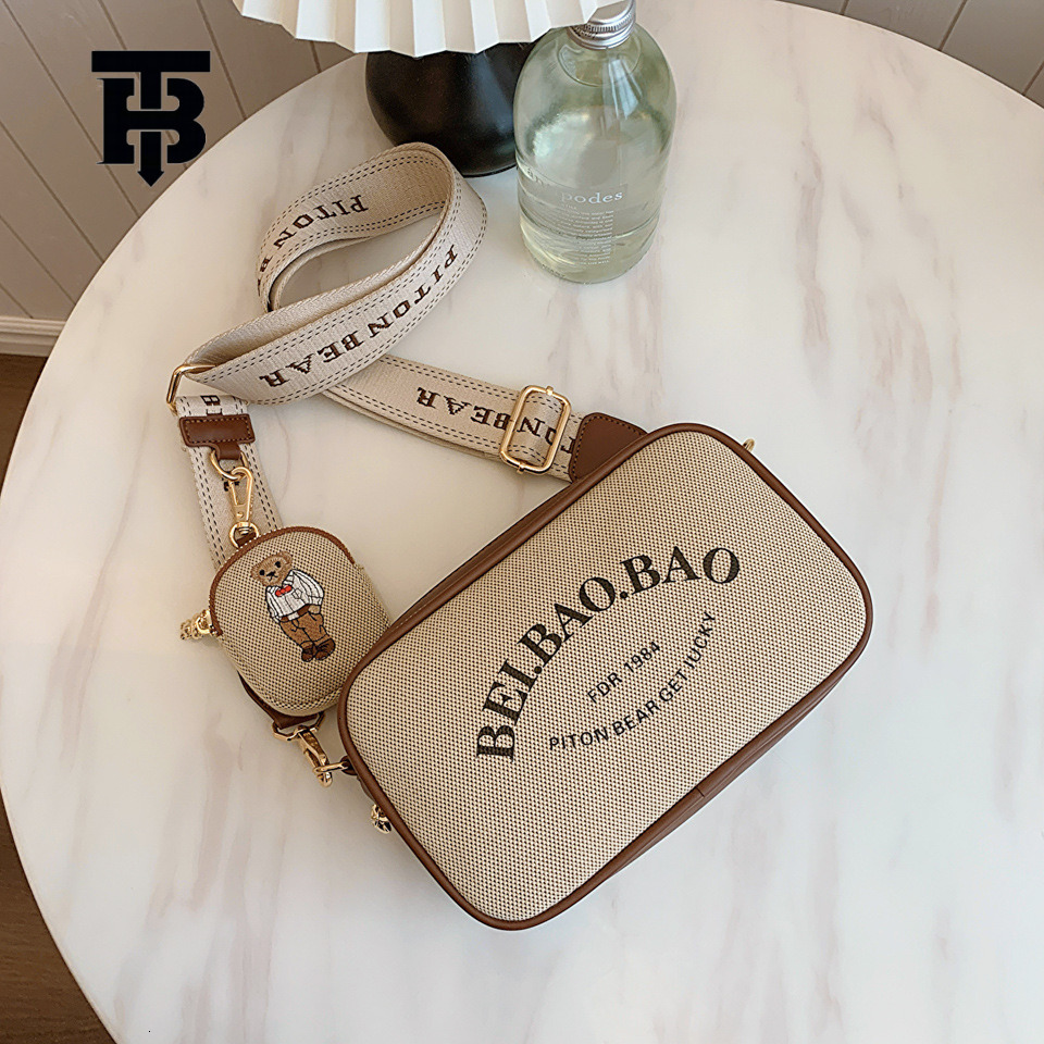 TB BHULAMTE Designer Bag Beibao Authentic Canvas Embroidered Letter Cartoon Squatting Bear Canvas Color-block Square Camera Bag For Women Luxury Bag 2