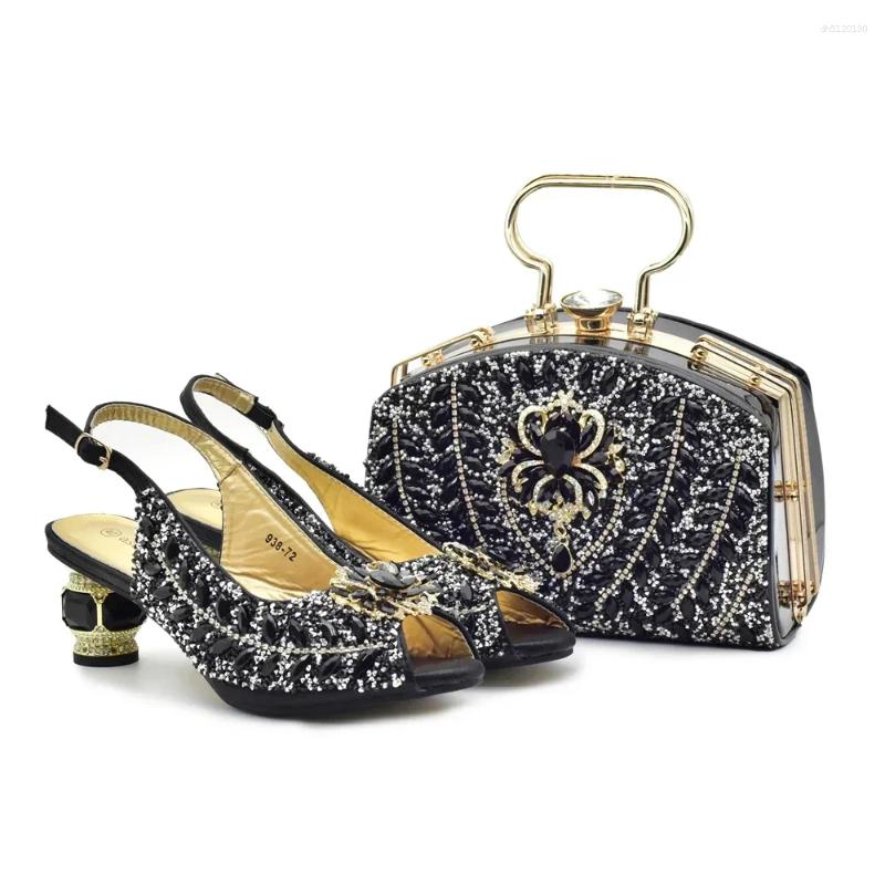 Dress Shoes Luxury Designer Italian Shoe And Bag Set Decorated With Rhinestone Medium Heel For Women Diamonds Lady Pumps