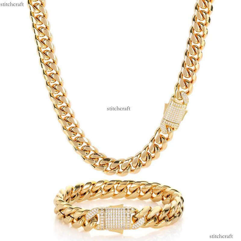 piece/sets 2 Hip Hop Miami Titanium Steel Mens Necklace Bracelet Set with Zircon Spring Buckle Cuban Link Gold Chain Popular Jewelry chains Necklaces