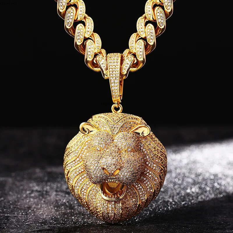 Hip Hop Large Lion Head Pendant Necklace TopBling 5A Zircon Real Gold Plated Mens Jewelry