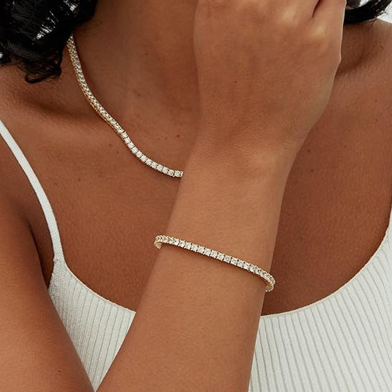 18K gold-plated zirconia classic tennis bracelet for women, size 6.5-7.5 inches diamond block chain checkerboard pattern