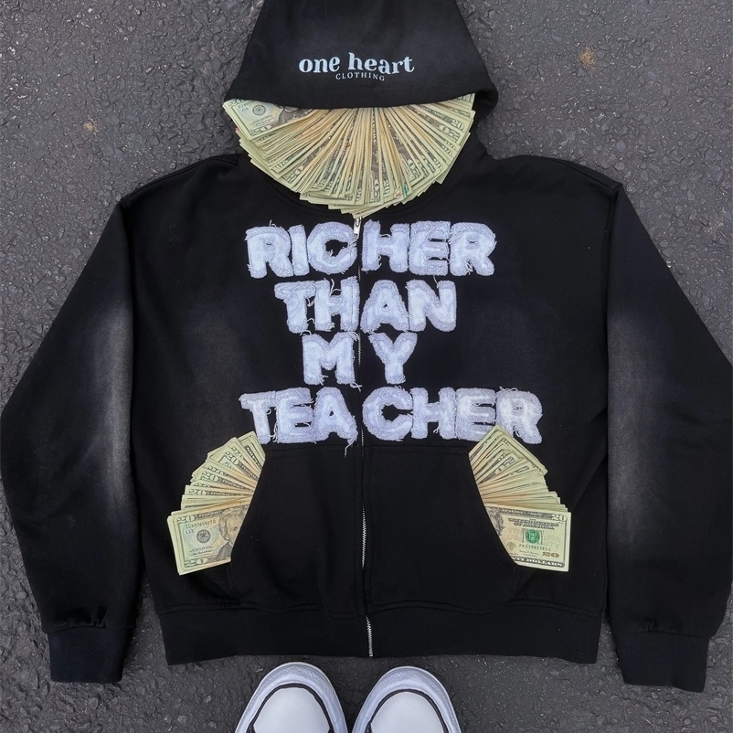 Y2k Retro Trendy Letter Embroidery Loose Hoodies High Street Couple Oversized Zip Up Hoodie Patchwork Sweatshirt Men Clothing 240711
