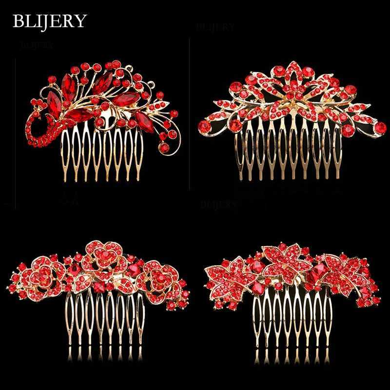 BLIJERY Gold Color Crystal Wedding Hair Combs Red Rhinestone Floral Bridal Hair cessories Party Show Tiaras Women Hair Jewelry L250928MSUS
