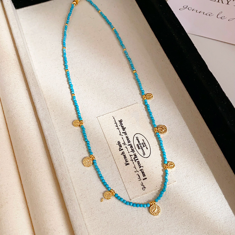 Quality Jewellery High 1 Gold Toned Beaded Necklace with Turquoise Accents and Engraved Disc Charms for Daily Elegant Wear Gift Occasions Textured Acc