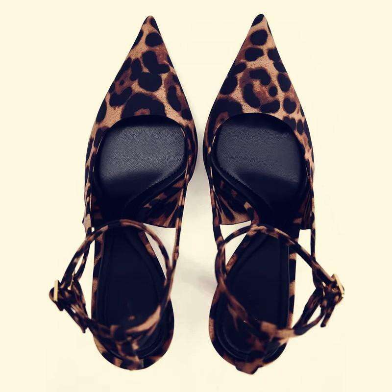 34-43 Plus Size Leopard Print High heels heelegant Professional Closed Back Strap Mules 2025 Spring Designer Shoe New Pointed Toe Stiletto Sandals