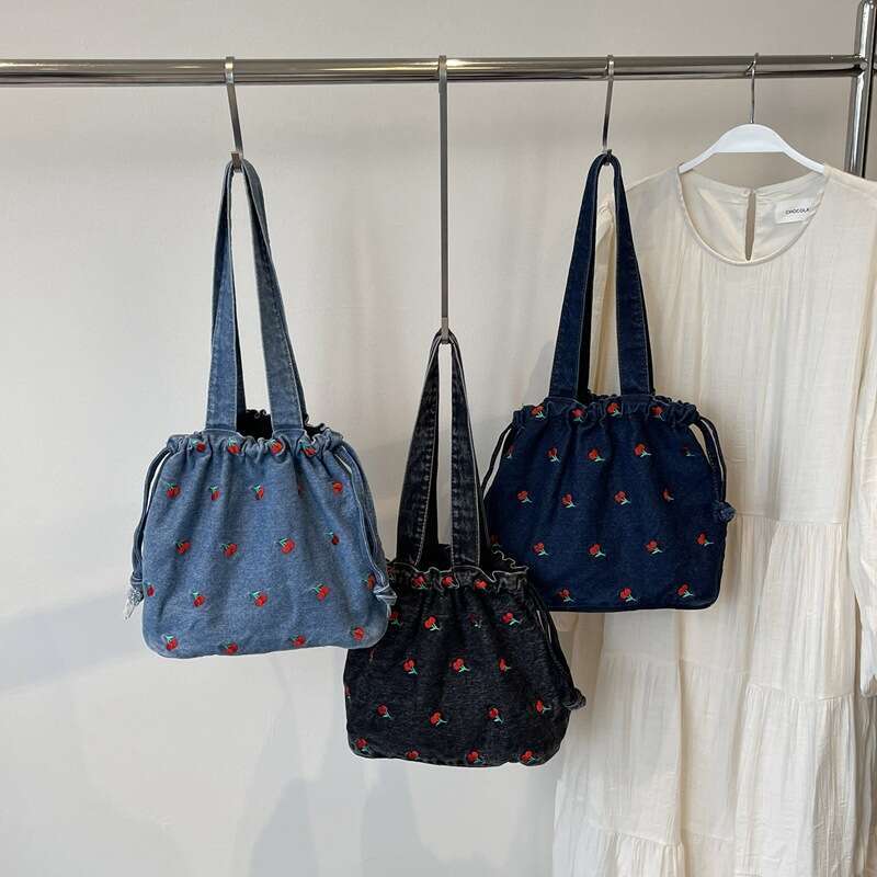Bucket Embroidered Handbag Denim Niche Design Fashion Designer Bags Large Capacity Shoulder Underarm Commuter Women's Bag
