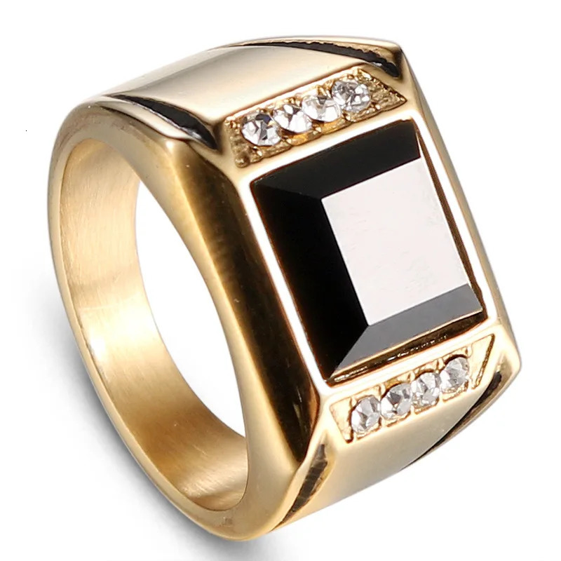 HIP HOP Bling Iced Out Stainless Steel Geometric Square Black CZ Ring Men Signet Rings for Man Jewelry Gold Color 250922