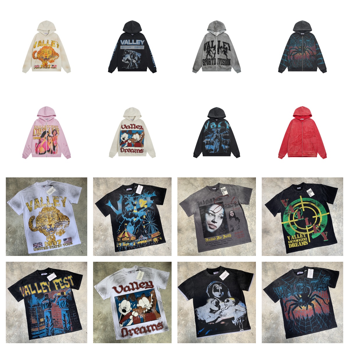 Men's Hoodies Designer Brand VALLLY Cartoon Character Letter Print Cotton Hooded Sweater American Streetwear Retro Casual Loose Men Women Sweatshirts