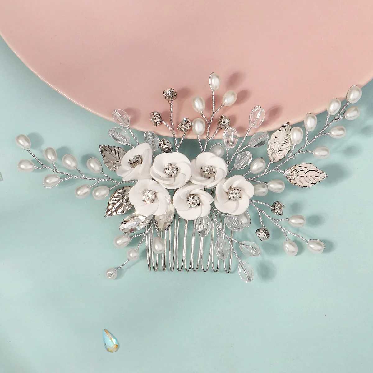 White Soft Ceramic Flower Womens Hair Comb Pearl Rhinestone Daily Hair Clip Wedding Party Bridal Jewelry Headdress L2509282KR8