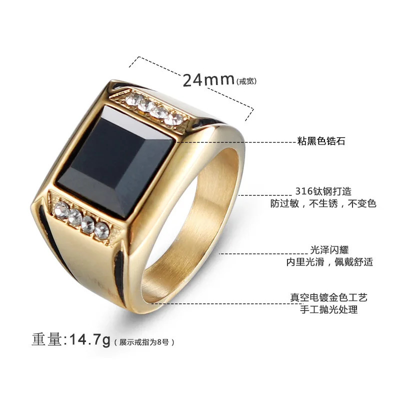 HIP HOP Bling Iced Out Stainless Steel Geometric Square Black CZ Ring Men Signet Rings for Man Jewelry Gold Color 250922