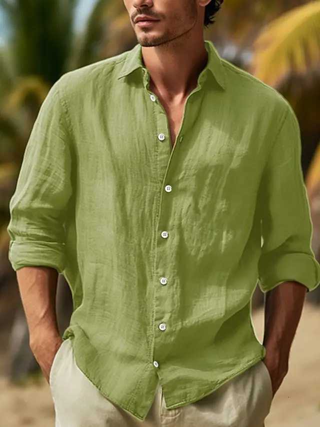 Mens Longsleeved Top in 2025Made of Cotton and Linen Solid Color Turndown Collar in a Casual Style Shirt linen shirt men18 D250929