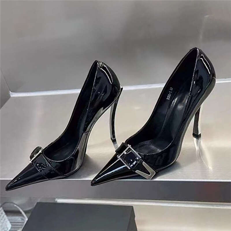 Black Patent Leather High heels for Designer Shoe Women 2025 Early Autumn New Metal Buckle Pointed Toe Stiletto heelegant Single Shoes