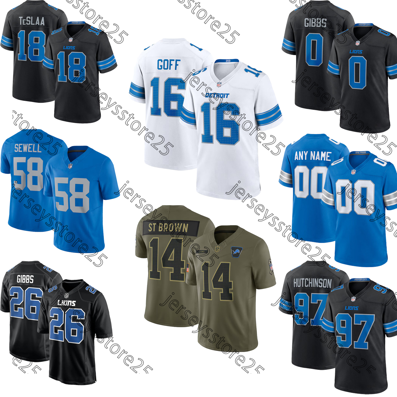 Jahmyr Gibbs Football Jersey Lions Amon-Ra St. Brown Barry Sanders Jared Goff Jameson Williams David Montgomery Brian Branch Penei Sewell Kerby Joseph Jersey