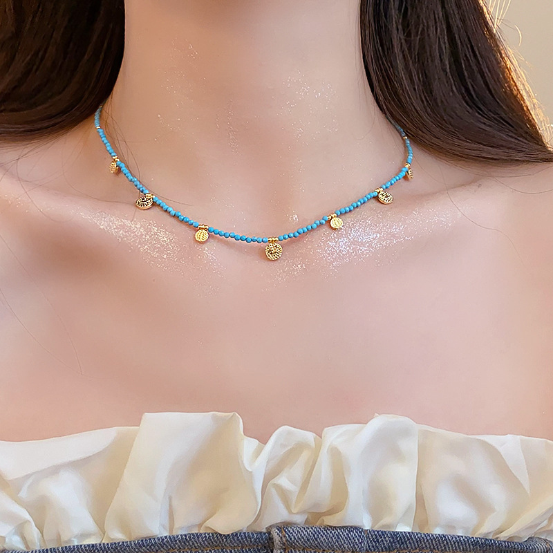 Quality Jewellery High 1 Gold Toned Beaded Necklace with Turquoise Accents and Engraved Disc Charms for Daily Elegant Wear Gift Occasions Textured Acc