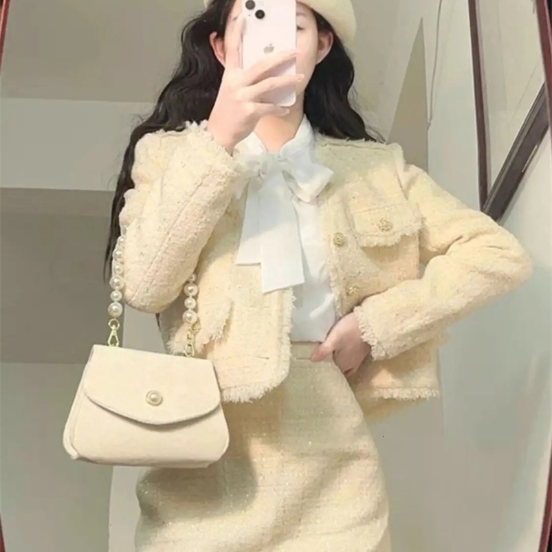 Korean Style Womens Suit Jacket Skirt Set Autumn and Winter Highend Temperament Office Lady Tweed Top Twopiece 240124