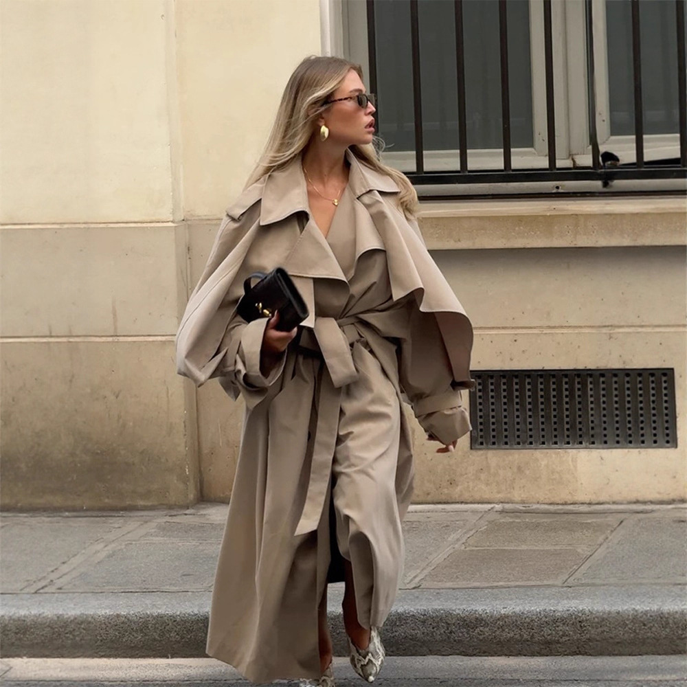 Fashionable Elegant Solid Color Shawl Sleeve Long Trench Coat for Women Autumn Style 250929