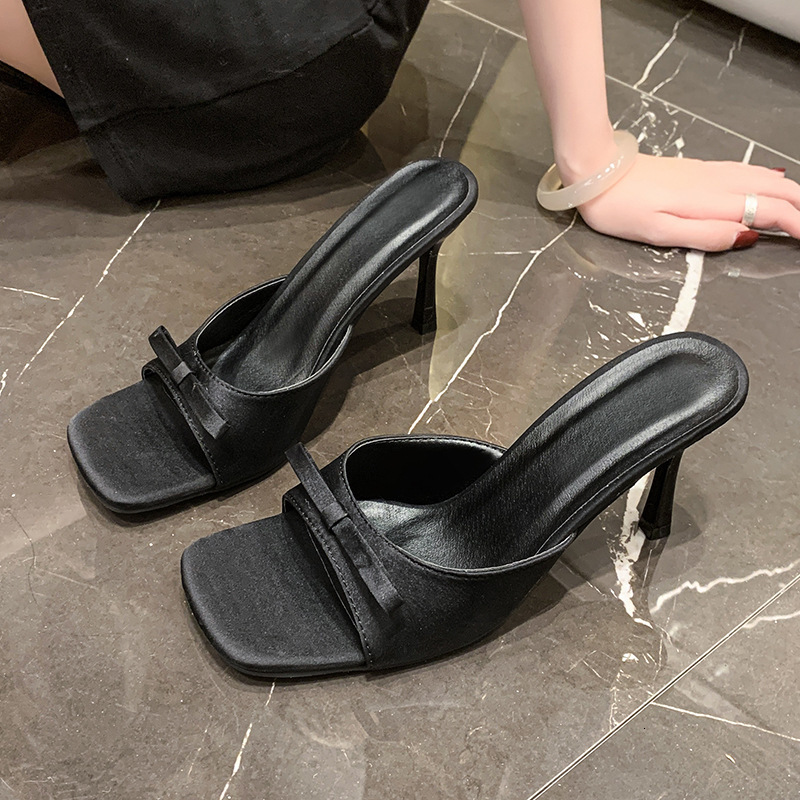 High Heels Sandals for Women 2025 Summer New Square Toe Large Size OneStrap HighEnd Feel Outdoor Thin Heel Bowknot 250905