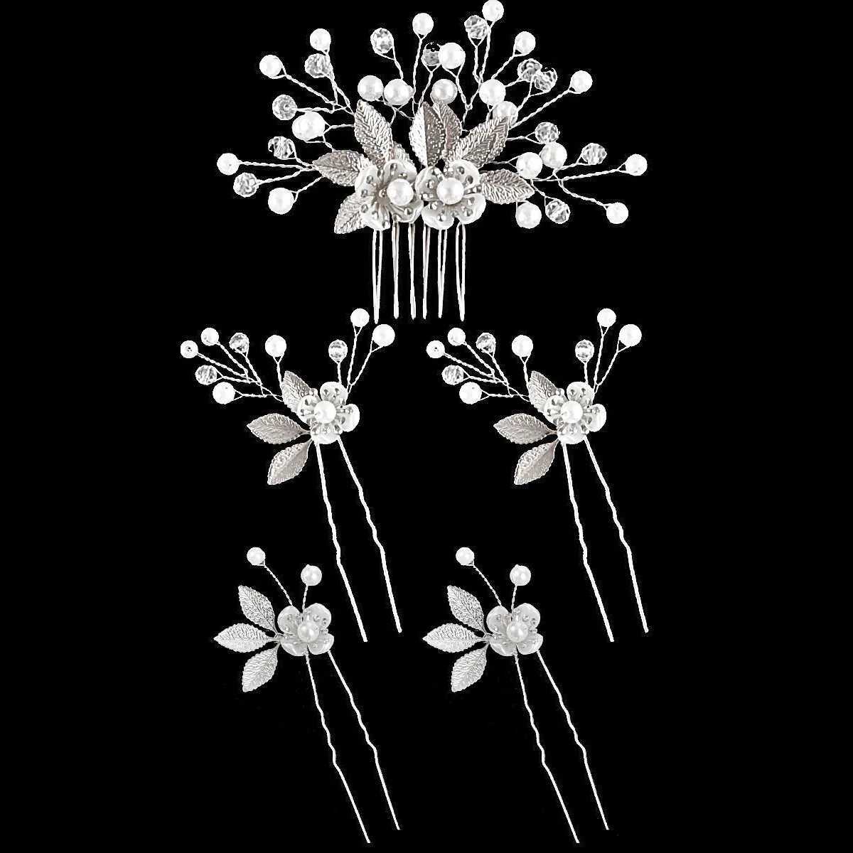 Wedding Pearl Flower Hairpin Side Comb Golden Leaf Alloy Tiaras Wedding Bride Insert Hair Clips Hair Jewelry Bride Headwear 5Pcs L2509280E84