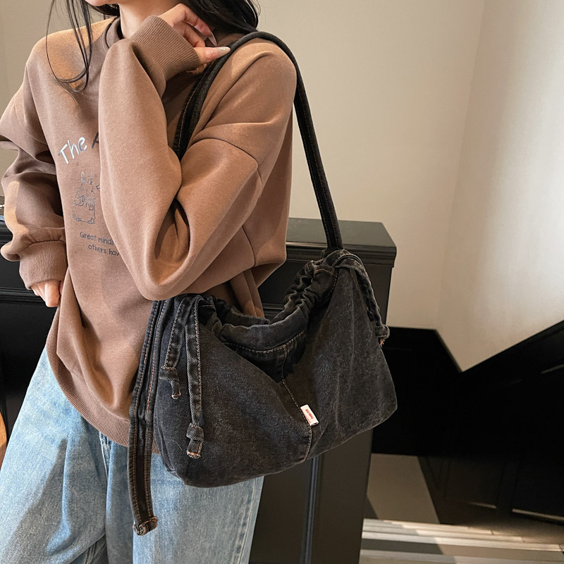 Artistic Denim Tote for Women, Large Capacity Drawstring Shoulder Crossbody Bag, Student Class Commuting Bag