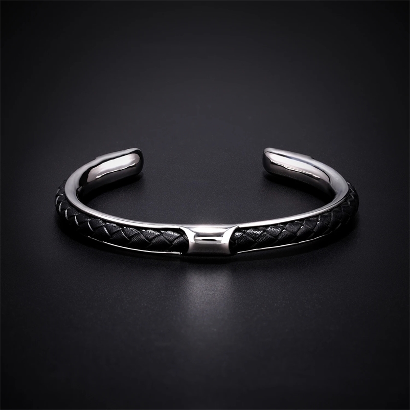 Charming mens hand woven leather bracelet black high-quality metal stainless steel bracelet and mens wristband gift 241210bj
