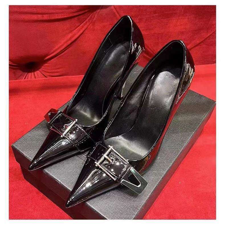 Black Patent Leather High heels for Designer Shoe Women 2025 Early Autumn New Metal Buckle Pointed Toe Stiletto heelegant Single Shoes