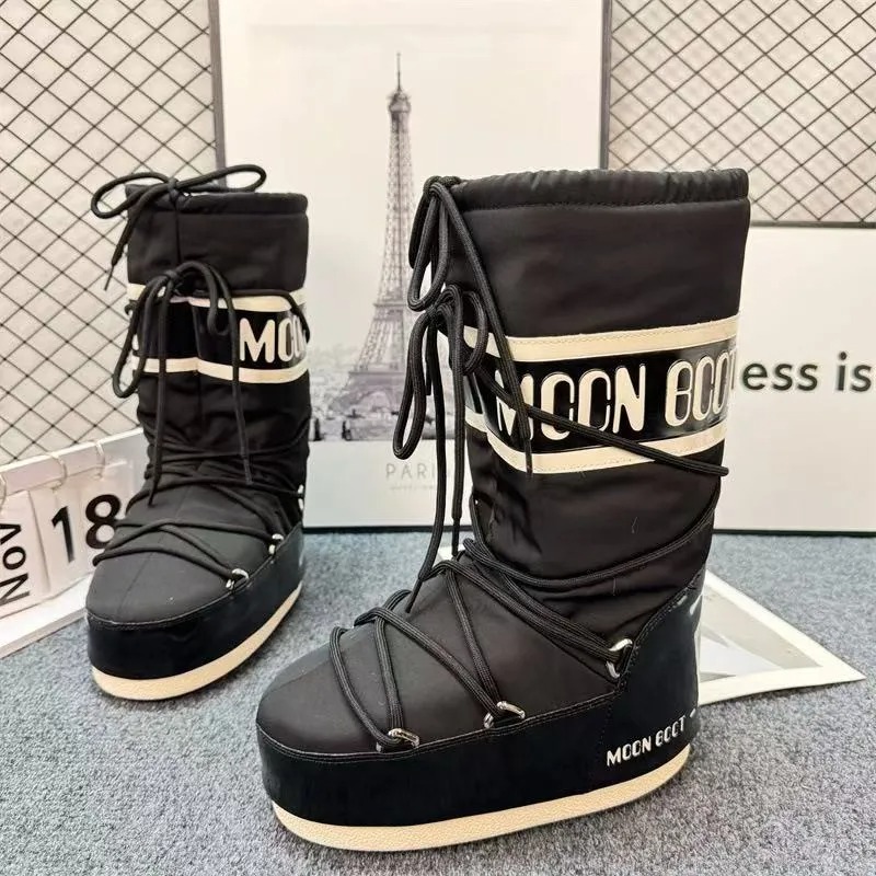 Fashion Moon Snow Boots New 2025 Winter Medium and High Tube Lace-up Cotton Shoes Non-slip Warm Ski Shoes