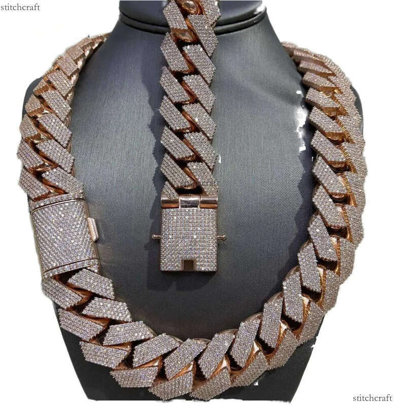 Fully Iced MOISSANITE 20mm Cuban Link Hip Hop Chain Rose Gold Plated Multi Size Available Featuring Dia pass tester