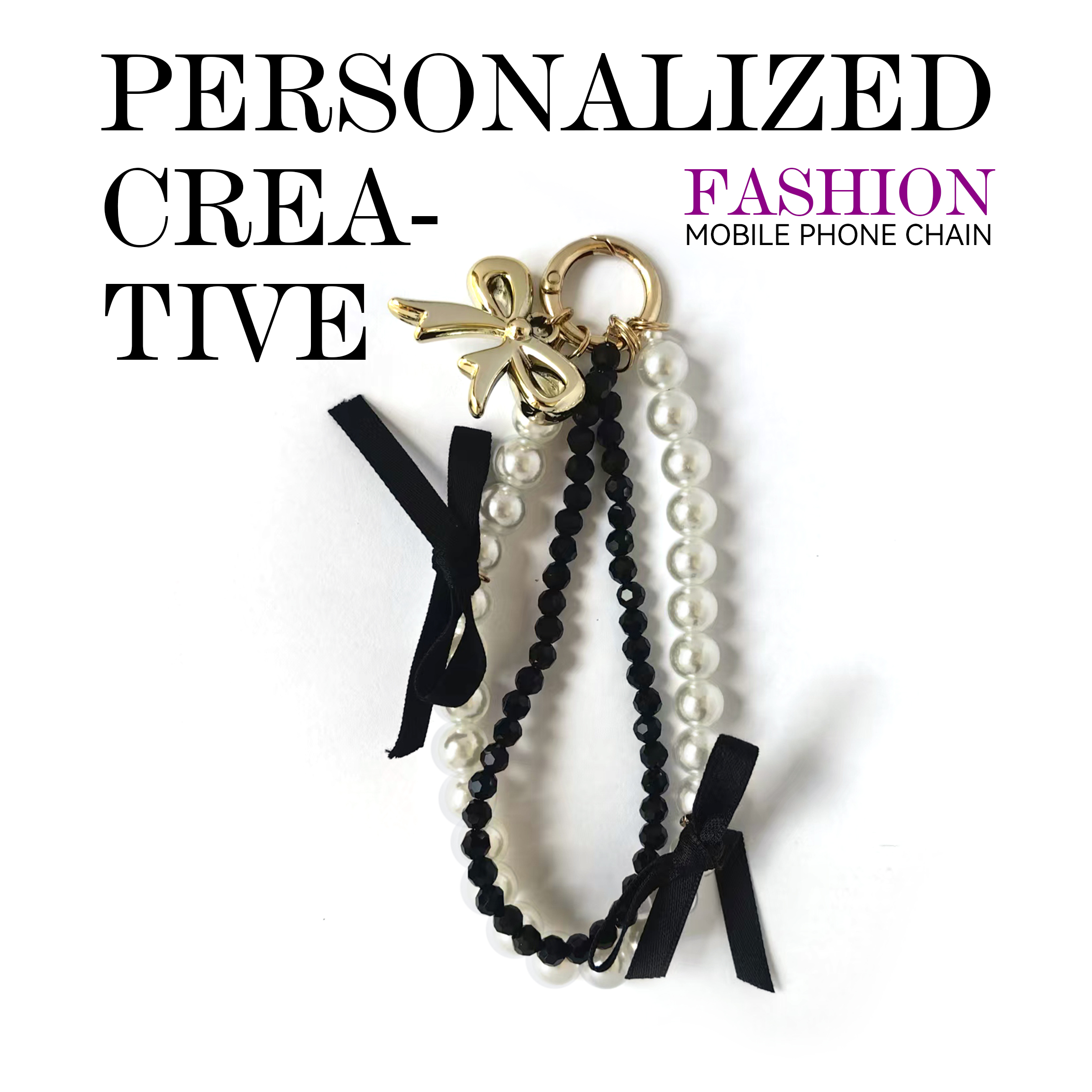 White pearl bracelet, black diamond bracelet, gold bow, black ribbon bow phone strap. Stylish pairing, creative design, anti-loss, easy to grab.