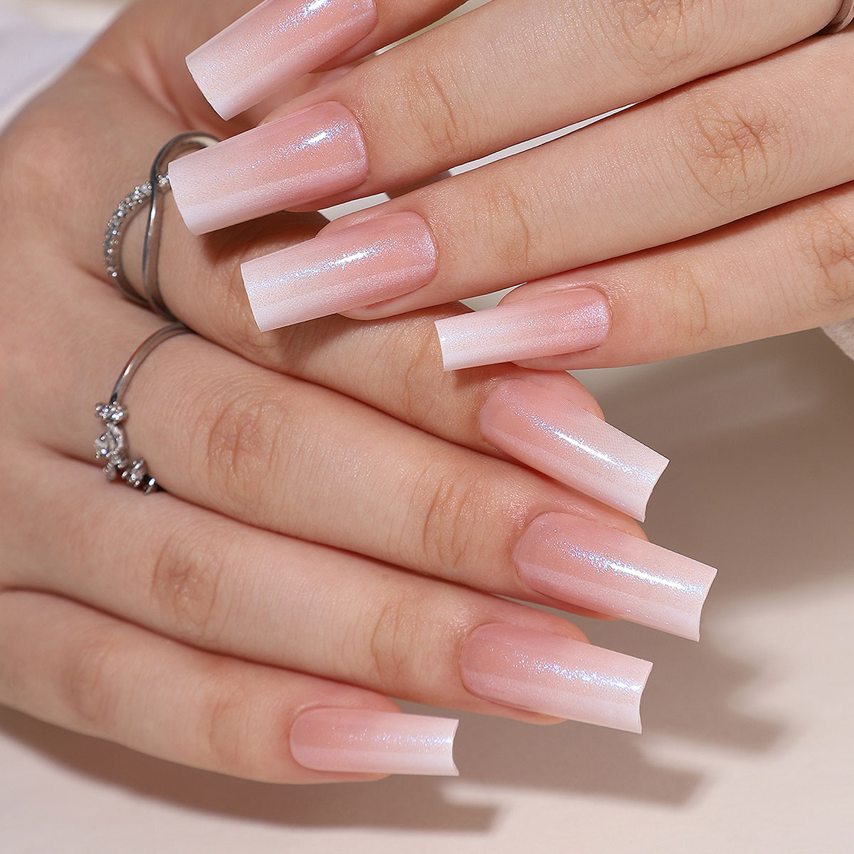 a long style press on nail gel set in the aurora gradient shiny style including adhesive 16 size options and 32 press on false nails