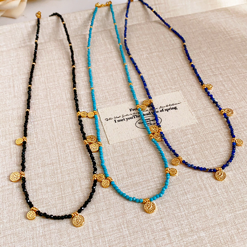 Quality Jewellery High 1 Gold Toned Beaded Necklace with Turquoise Accents and Engraved Disc Charms for Daily Elegant Wear Gift Occasions Textured Acc