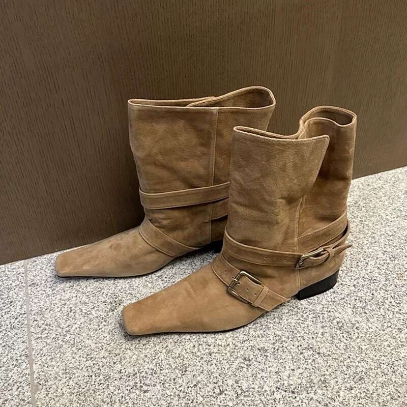 Korean Style Niche Design Turn-down Collar Two-way Small Square Toe Martin for Women 2025 Chunky heel Chheheelsea Slim Short Boots