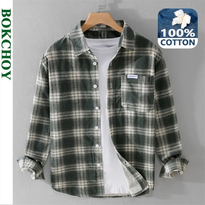 Spring Autumn Pure Cotton Casual Plaid Long Sleeve Shirts for Men Clothing Simple Soft Streetwear FY6105 240328