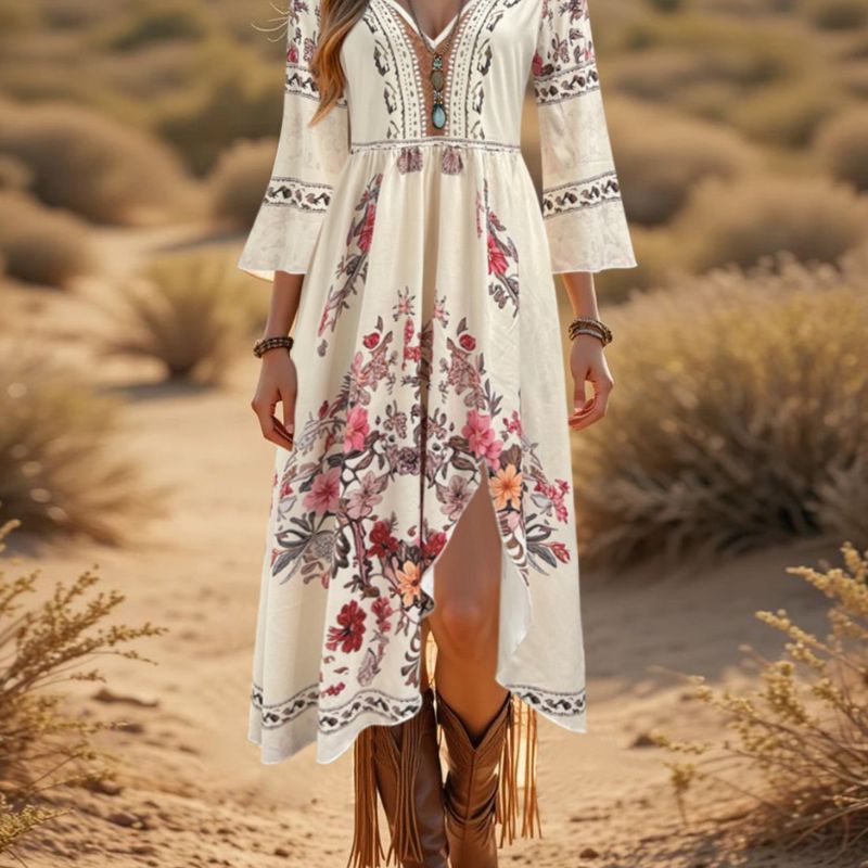 Women's Fall Bohemian Floral Print Long Sleeve Midi Dress - French Elegant Western Style Milk Silk Casual Loungewear Dress-CF52910