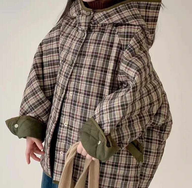 Childrens Winter 2025 New Padded Coat Korean Fashion Casual Daily Plaid Hooded Thicken Cotton-padded Parkas Girls Boys Clothes ddmyshoesvip