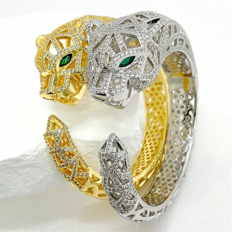 selling 18k gold-plated jadeite cubic zirconia eye leopard open cuff bracelet 250108