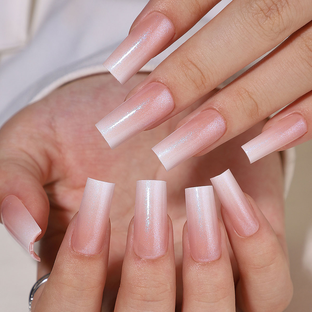 a long style press on nail gel set in the aurora gradient shiny style including adhesive 16 size options and 32 press on false nails