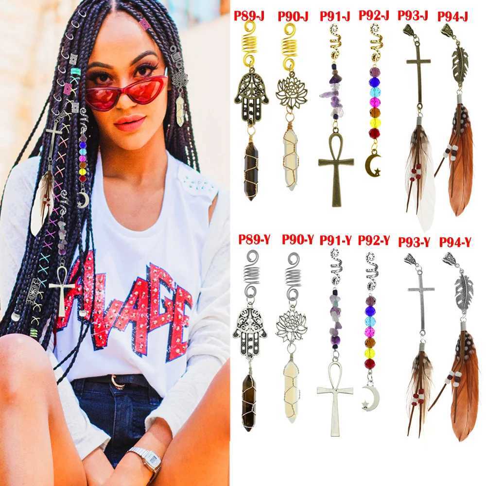 Stone Beads Crystal Feather Cross Pendant Hair Dreadlock cessories Women Spiral Hairpin Headwear Dangle Dirty Braid Jewelry L25092812AS
