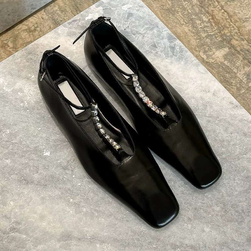 Genuine Leather French Style High-End Rhinestone T-Strap Square Toe Shallow Mouth Flat Mary Jane Shoes for Women Spring and Autumn