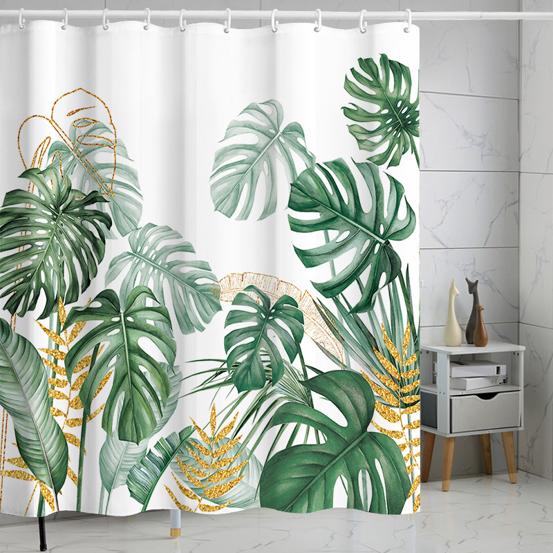 YL-37295 Tropical green leaf print shower curtain bathroom curtain waterproof and mildew proof partition curtain punch-free hanging curtain