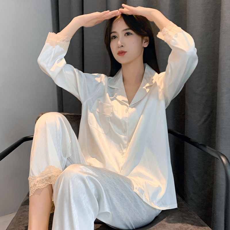 Herringbone Pattern New Womens Pajamas Spring and Autumn Thin Ice Silk Long Sleeve Highend Imitation Silk Homewear Plus Size Set 220827