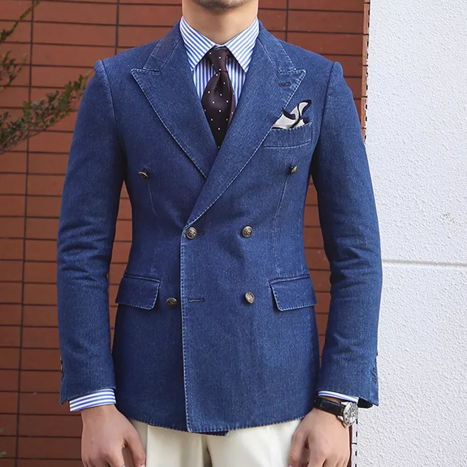 Elegant Denim Mens Jackets 1 Piece Double Breasted Lapel Clothing Blazer Fashion Casual Daily Office Basic Coat 250917Z