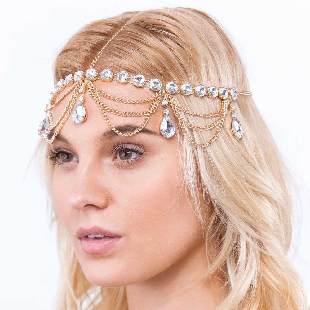 Vintage Trend Rhinestone Head Chain Forehead Headband Indian African Bohemian Hair cesories Crystal Fringe Tiara Headdress L250928K4UE