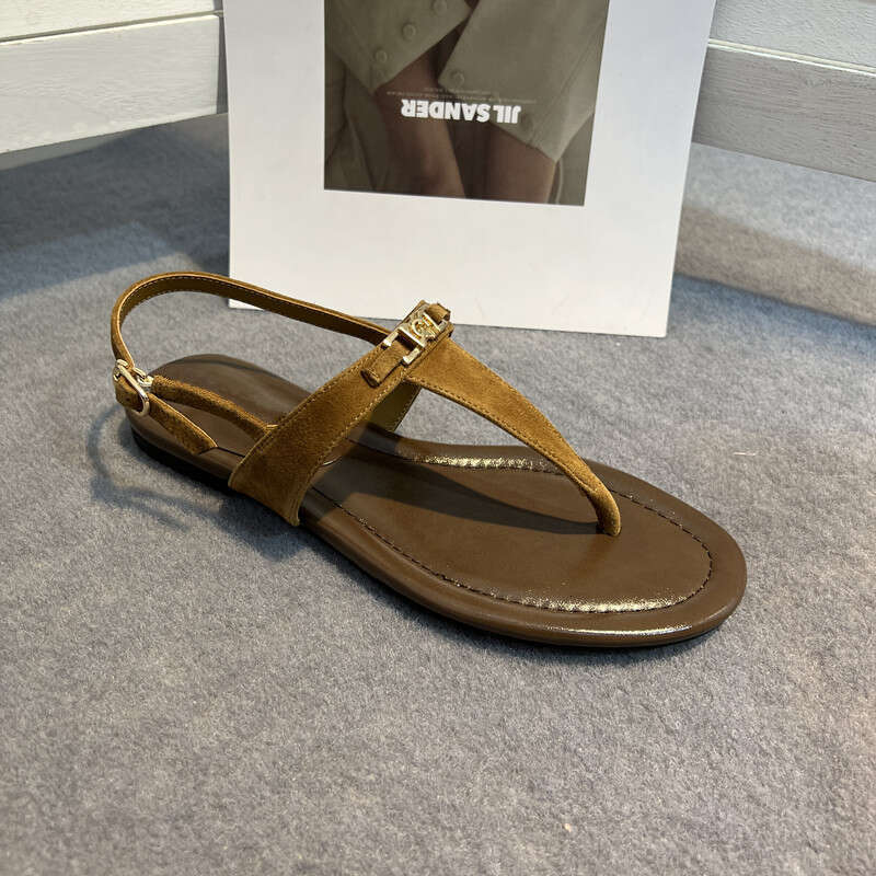 Genuine Leather Roman Sandals for Women 2025 New Fashion Casual Flat Toe Post Flip-Flops