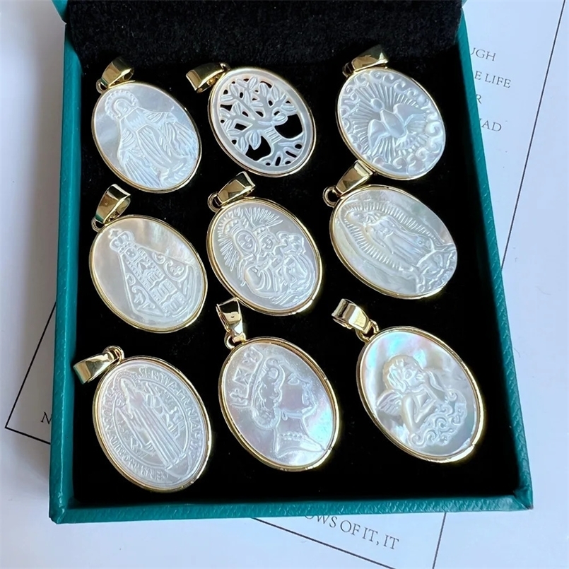 5pcslot 16x24mm Natural Mother Pearl Shell Holy Spirit Guadalupe Pendant Sacred Heart Religipous Medals Charms for Necklace 241023