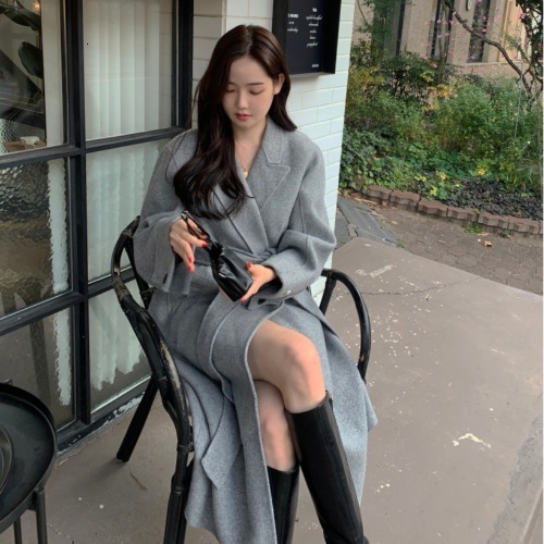 Korean Chic Style Herringbone Suit Collar LaceUp MidLength Woolen Coat Autumn Winter New Woolen Overcoat for Women 241202