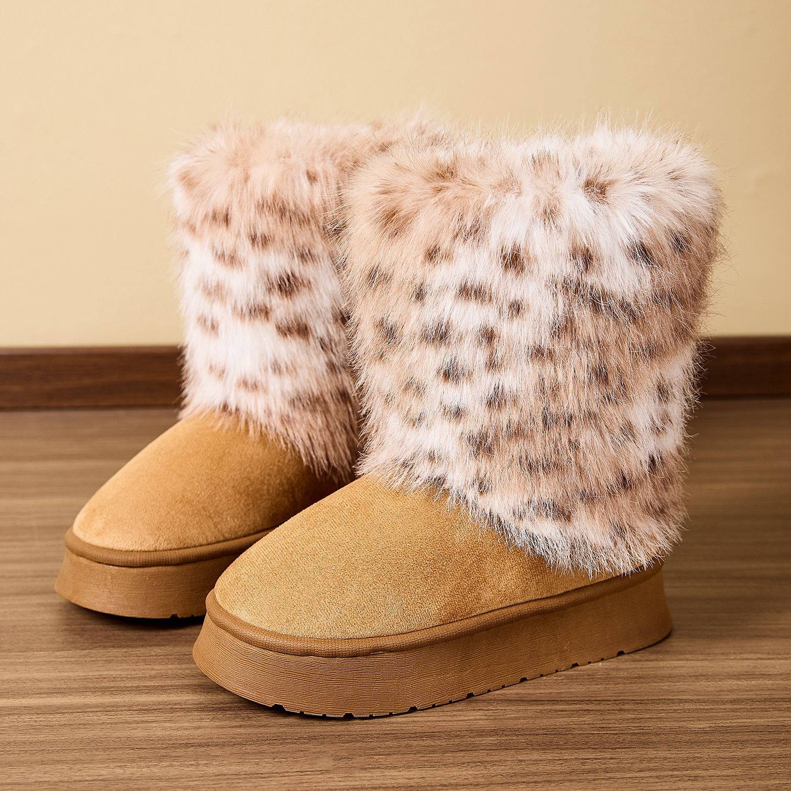 New Style Design Leopard Print Fur High Boots for Women Winter Fashion Platform Non Slip Thermal Snow Boots Free Shipping
